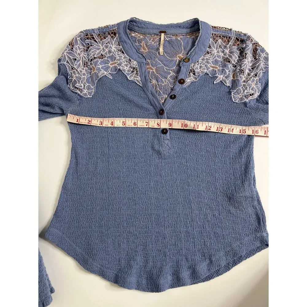 Free People Easy Breezy Blue Thermal Henley Top Small Long Sleeve Boho Shirt